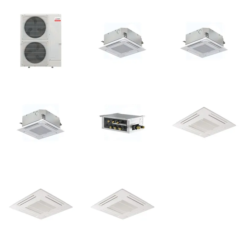 Mitsubishi Multi-Zone 36000 BTU R-454B 20 SEER2 3-Zone 2'x2' Ceiling Cassette Mini Split Heat Pump System - 15K+15K+15K