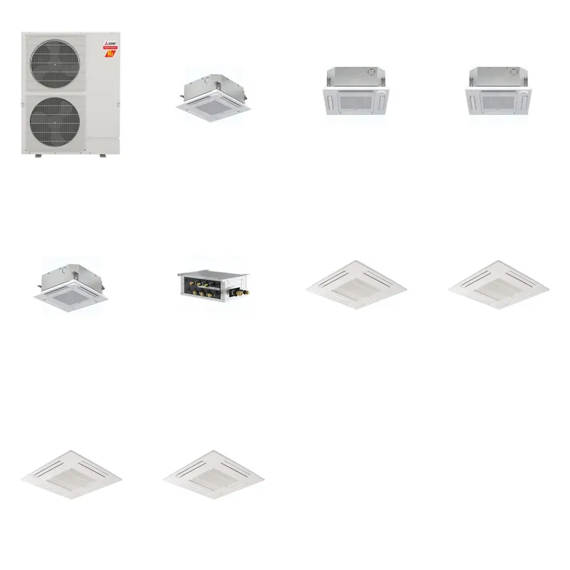 Mitsubishi Multi-Zone 60000 BTU R-454B 20 SEER2 4-Zone 2'x2' Ceiling Cassette Mini Split Heat Pump System - 9K+12K+12K+15K