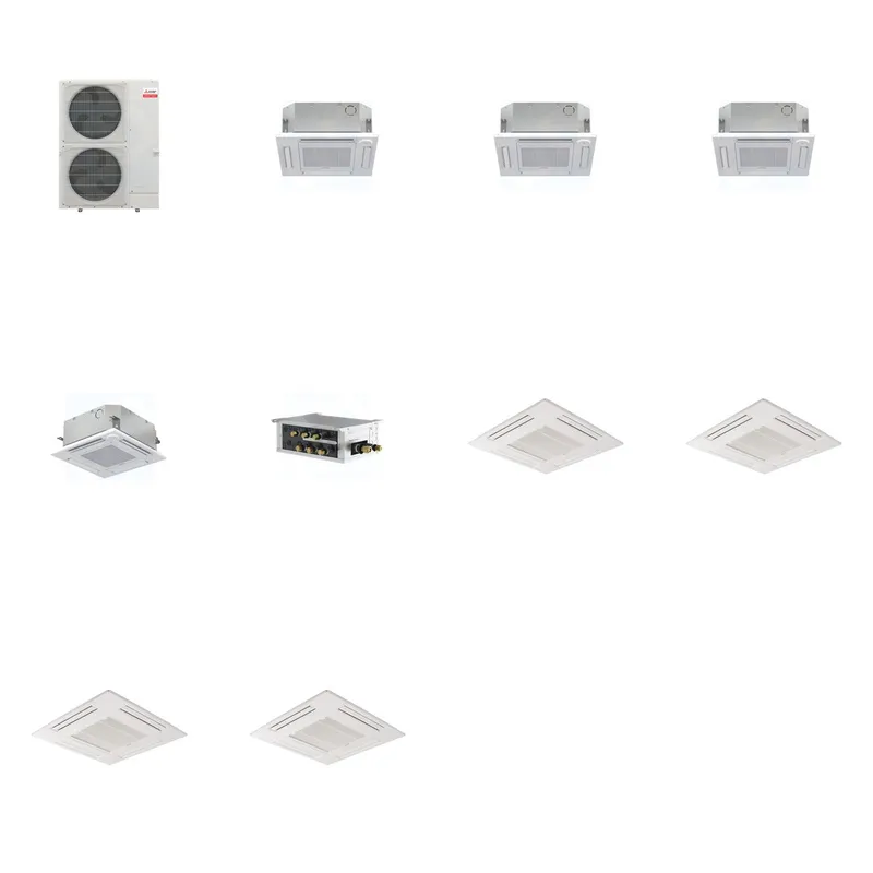 Mitsubishi Multi-Zone 48000 BTU R-454B 20 SEER2 4-Zone 2'x2' Ceiling Cassette Mini Split Heat Pump System - 12K+12K+12K+15K