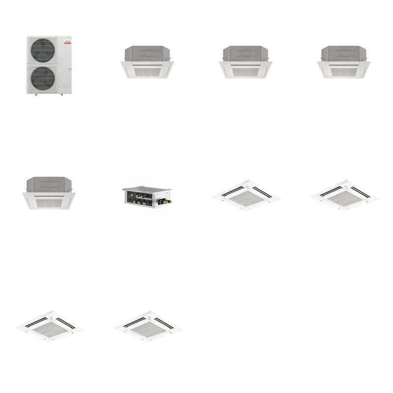 Mitsubishi Multi-Zone 48000 BTU R-454B 20 SEER2 4-Zone 3'x3' Ceiling Cassette Mini Split Heat Pump System - 12K+12K+12K+12K