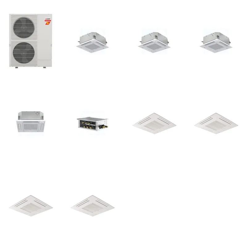 Mitsubishi Multi-Zone 60000 BTU R-454B 20 SEER2 4-Zone 2'x2' Ceiling Cassette Mini Split Heat Pump System - 9K+9K+9K+12K