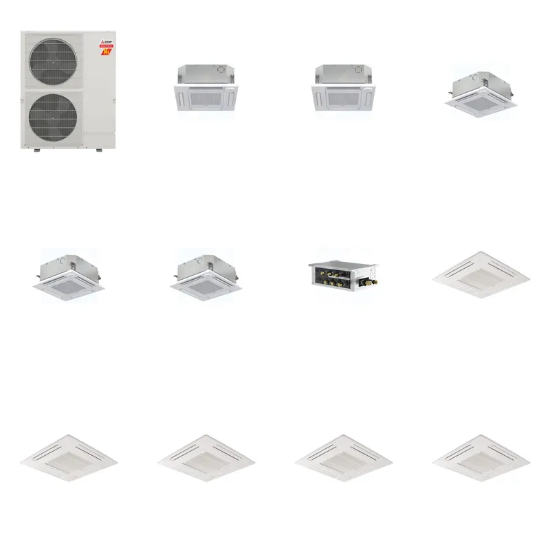 Mitsubishi Multi-Zone 60000 BTU R-454B 20 SEER2 5-Zone 2'x2' Ceiling Cassette Mini Split Heat Pump System - 12K+12K+15K+15K+15K