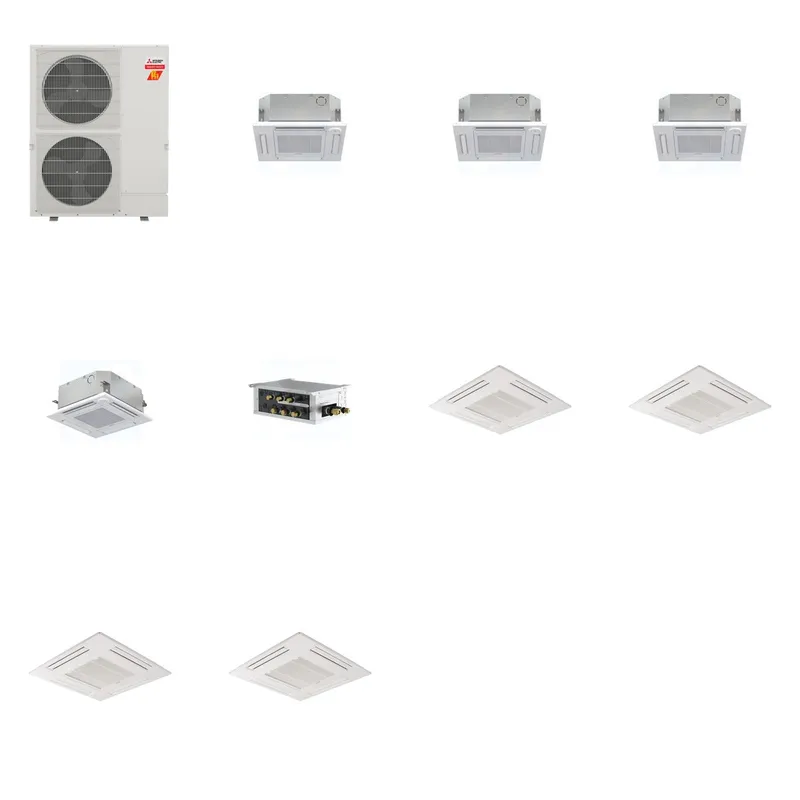 Mitsubishi Multi-Zone 60000 BTU R-454B 20 SEER2 4-Zone 2'x2' Ceiling Cassette Mini Split Heat Pump System - 12K+12K+12K+15K