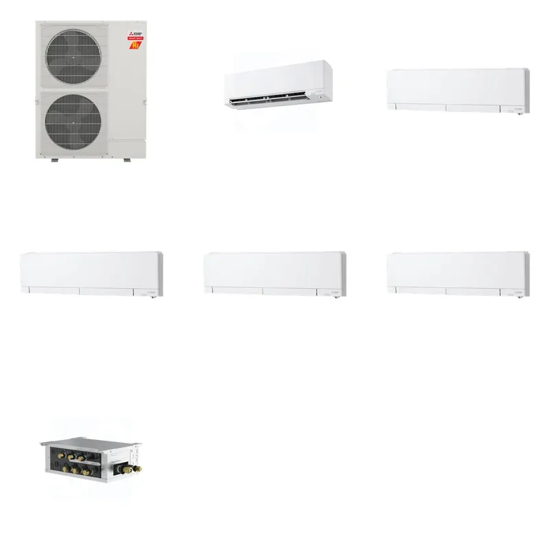 Mitsubishi Multi-Zone 60000 BTU R-454B 20 SEER2 5-Zone Wall-Mounted Hyper Heat Mini Split Heat Pump System - 9K+12K+12K+12K+12K