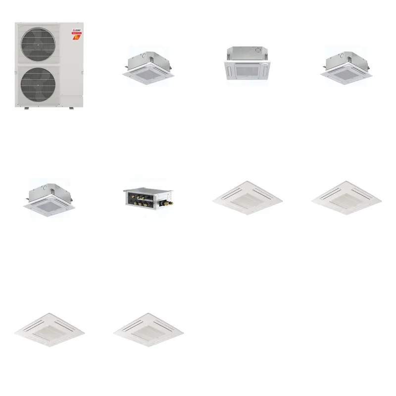 Mitsubishi Multi-Zone 60000 BTU R-454B 20 SEER2 4-Zone 2'x2' Ceiling Cassette Mini Split Heat Pump System - 9K+12K+15K+15K