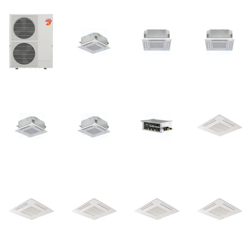 Mitsubishi Multi-Zone 60000 BTU R-454B 20 SEER2 5-Zone 2'x2' Ceiling Cassette Mini Split Heat Pump System - 9K+12K+12K+15K+15K