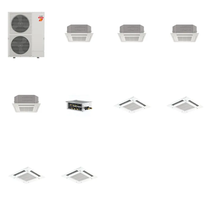 Mitsubishi Multi-Zone 60000 BTU R-454B 20 SEER2 4-Zone 3'x3' Ceiling Cassette Mini Split Heat Pump System - 12K+12K+12K+12K