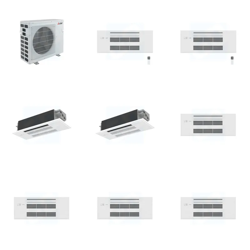 Mitsubishi Multi-Zone 40500 BTU R-454B 20 SEER2 4-Zone 1-Way Ceiling Cassette Mini Split Heat Pump System - 9K+9K+12K+12K
