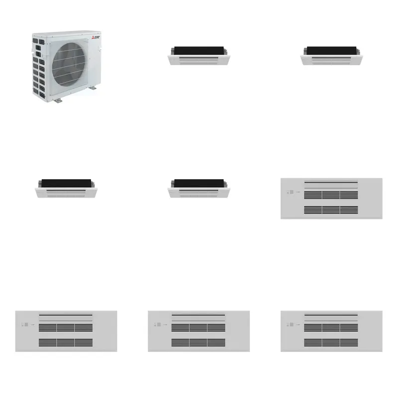 Mitsubishi Multi-Zone 40500 BTU R-454B 20 SEER2 4-Zone 1-Way Ceiling Cassette Mini Split Heat Pump System - 6K+6K+6K+6K
