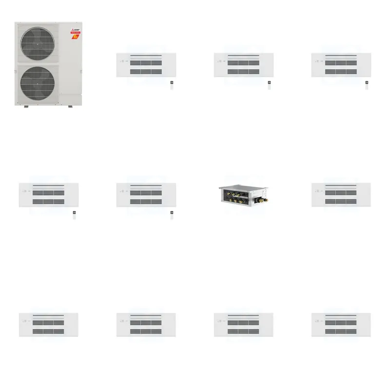 Mitsubishi Multi-Zone 60000 BTU R-454B 20 SEER2 5-Zone 1-Way Ceiling Cassette Mini Split Heat Pump System - 9K+9K+9K+9K+9K