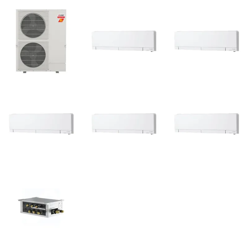 Mitsubishi Multi-Zone 60000 BTU R-454B 20 SEER2 5-Zone Wall-Mounted Hyper Heat Mini Split Heat Pump System - 6K+12K+12K+12K+12K