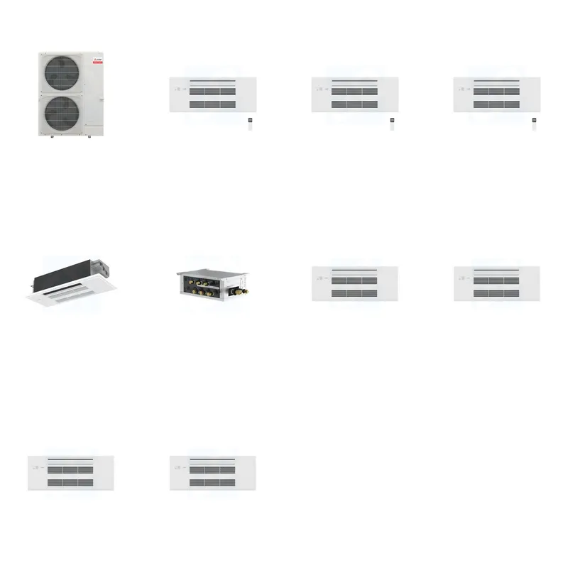 Mitsubishi Multi-Zone 36000 BTU R-454B 20 SEER2 4-Zone 1-Way Ceiling Cassette Mini Split Heat Pump System - 9K+9K+9K+12K