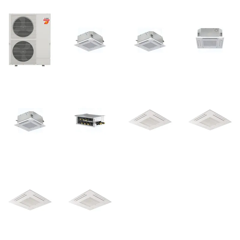 Mitsubishi Multi-Zone 60000 BTU R-454B 20 SEER2 4-Zone 2'x2' Ceiling Cassette Mini Split Heat Pump System - 9K+9K+12K+15K