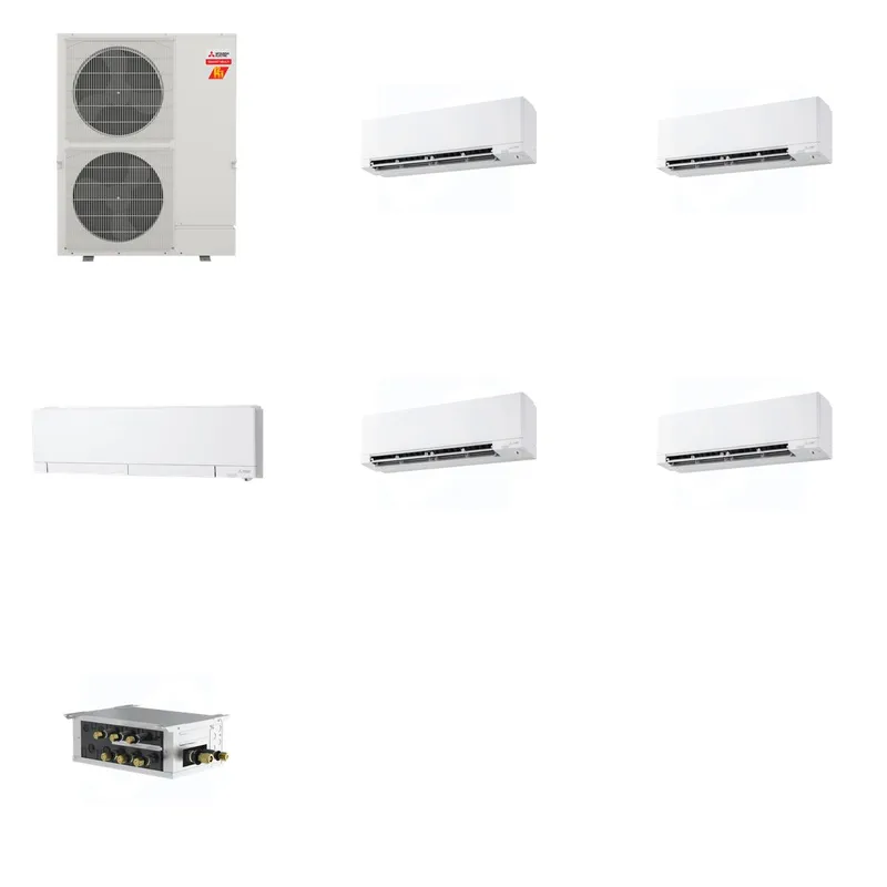 Mitsubishi Multi-Zone 60000 BTU R-454B 20 SEER2 5-Zone Wall-Mounted Hyper Heat Mini Split Heat Pump System - 9K+9K+12K+15K+15K