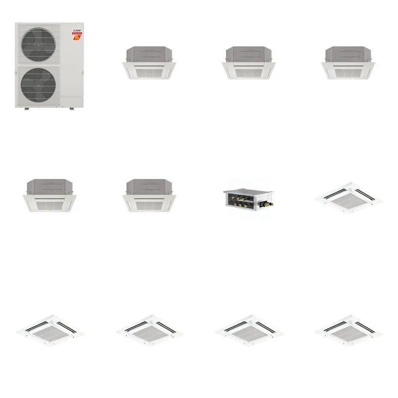 Mitsubishi Multi-Zone 60000 BTU R-454B 20 SEER2 5-Zone 3'x3' Ceiling Cassette Mini Split Heat Pump System - 12K+12K+12K+12K+24K
