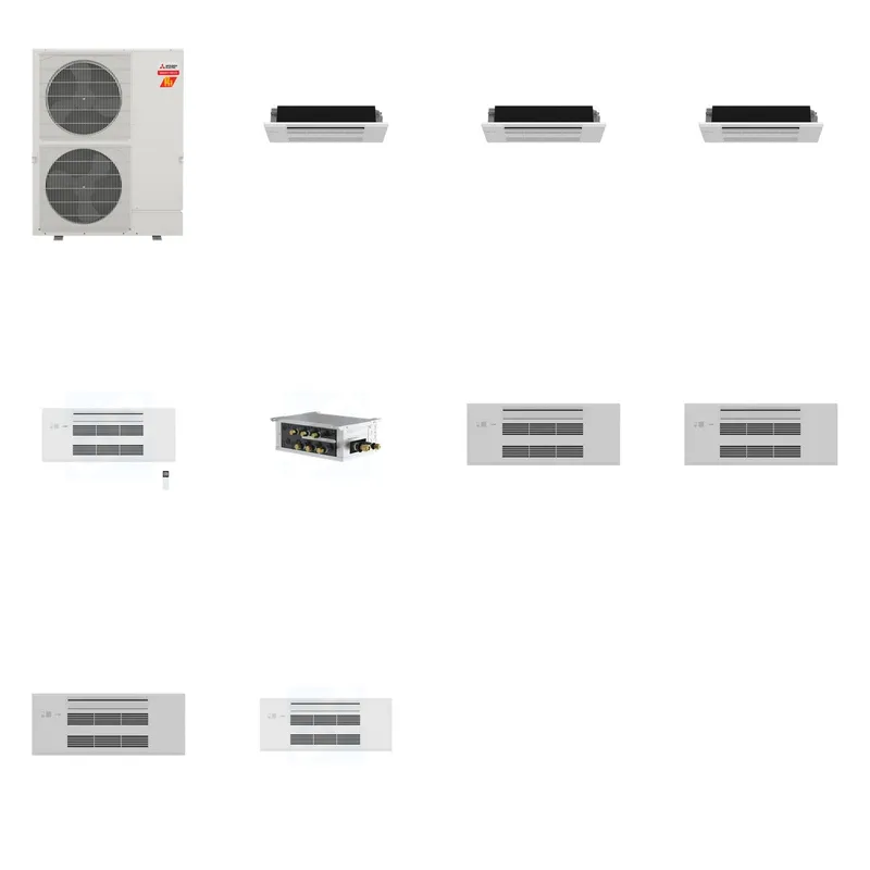 Mitsubishi Multi-Zone 60000 BTU R-454B 20 SEER2 4-Zone 1-Way Ceiling Cassette Mini Split Heat Pump System - 6K+6K+6K+9K