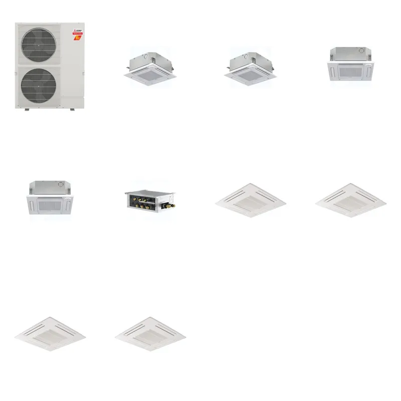 Mitsubishi Multi-Zone 60000 BTU R-454B 20 SEER2 4-Zone 2'x2' Ceiling Cassette Mini Split Heat Pump System - 9K+9K+12K+12K