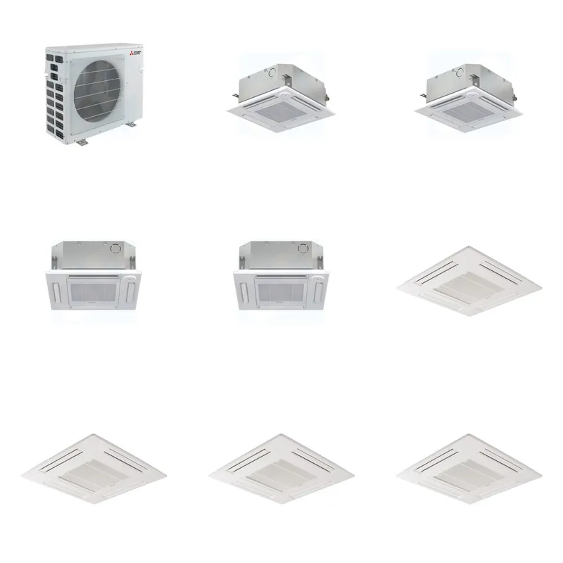 Mitsubishi Multi-Zone 40500 BTU R-454B 20 SEER2 4-Zone 2'x2' Ceiling Cassette Mini Split Heat Pump System - 9K+9K+12K+12K