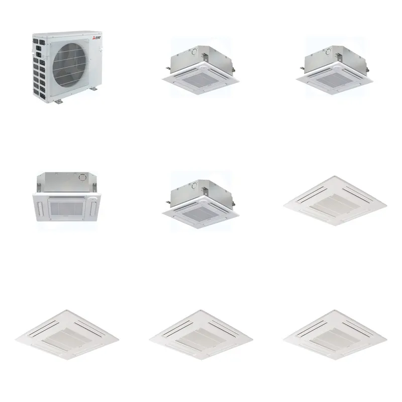 Mitsubishi Multi-Zone 40500 BTU R-454B 20 SEER2 4-Zone 2'x2' Ceiling Cassette Mini Split Heat Pump System - 9K+9K+12K+15K