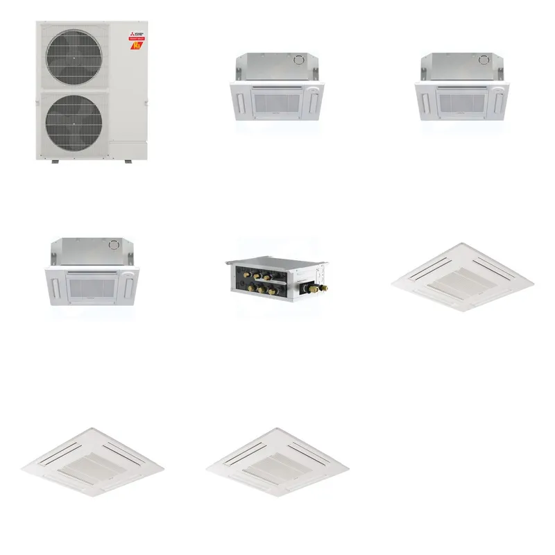 Mitsubishi Multi-Zone 60000 BTU R-454B 20 SEER2 3-Zone 2'x2' Ceiling Cassette Mini Split Heat Pump System - 12K+12K+12K