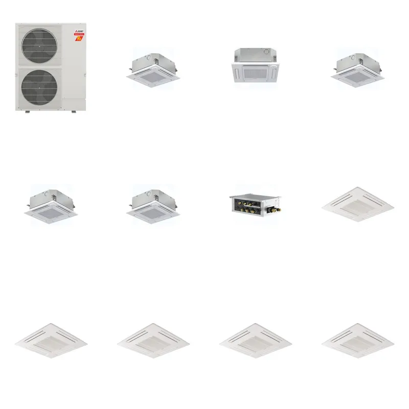 Mitsubishi Multi-Zone 60000 BTU R-454B 20 SEER2 5-Zone 2'x2' Ceiling Cassette Mini Split Heat Pump System - 9K+12K+15K+15K+15K