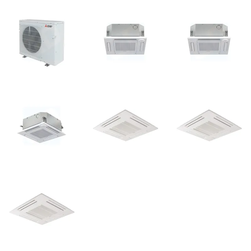 Mitsubishi Multi-Zone 36400 BTU R-454B 20 SEER2 3-Zone 2'x2' Ceiling Cassette Mini Split Heat Pump System - 12K+12K+15K