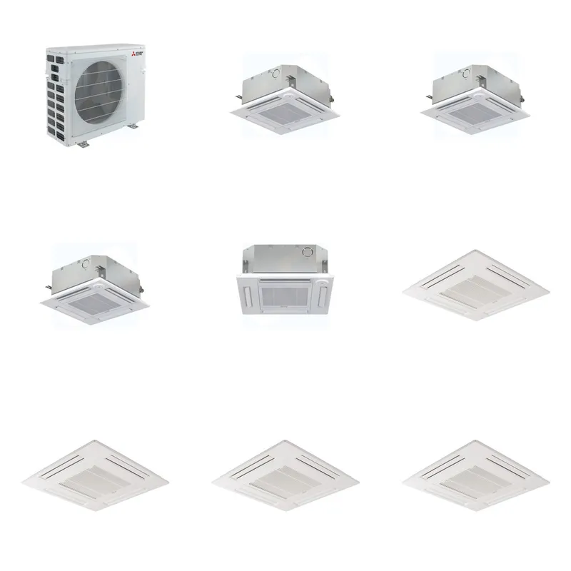 Mitsubishi Multi-Zone 40500 BTU R-454B 20 SEER2 4-Zone 2'x2' Ceiling Cassette Mini Split Heat Pump System - 9K+9K+9K+12K