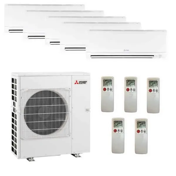 Mitsubishi Electric 5 Zone Wall Mounted Ductless Mini-Split Heat Pump System 42,000 BTU 19.7 SEER (9K+9K+9K+12K+15K)
