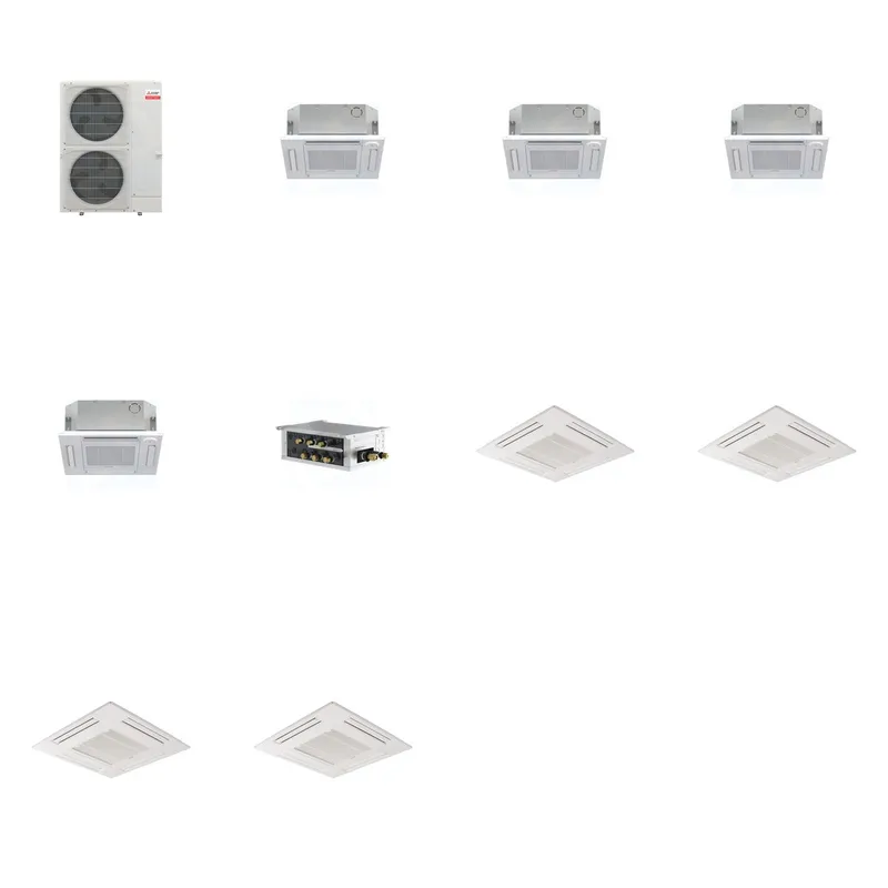 Mitsubishi Multi-Zone 48000 BTU R-454B 20 SEER2 4-Zone 2'x2' Ceiling Cassette Mini Split Heat Pump System - 12K+12K+12K+12K