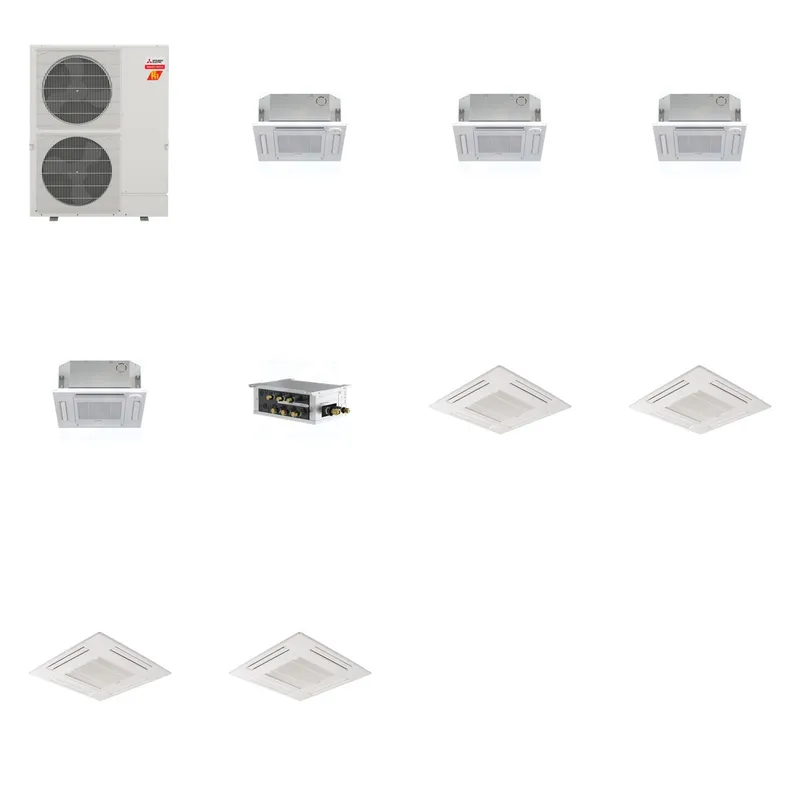 Mitsubishi Multi-Zone 60000 BTU R-454B 20 SEER2 4-Zone 2'x2' Ceiling Cassette Mini Split Heat Pump System - 12K+12K+12K+12K