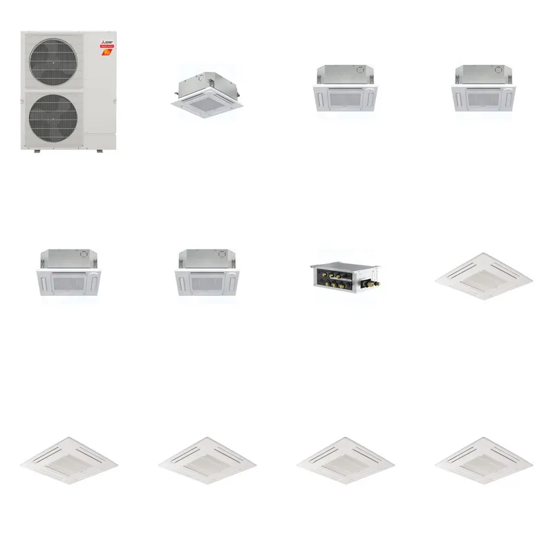 Mitsubishi Multi-Zone 60000 BTU R-454B 20 SEER2 5-Zone 2'x2' Ceiling Cassette Mini Split Heat Pump System - 9K+12K+12K+12K+12K