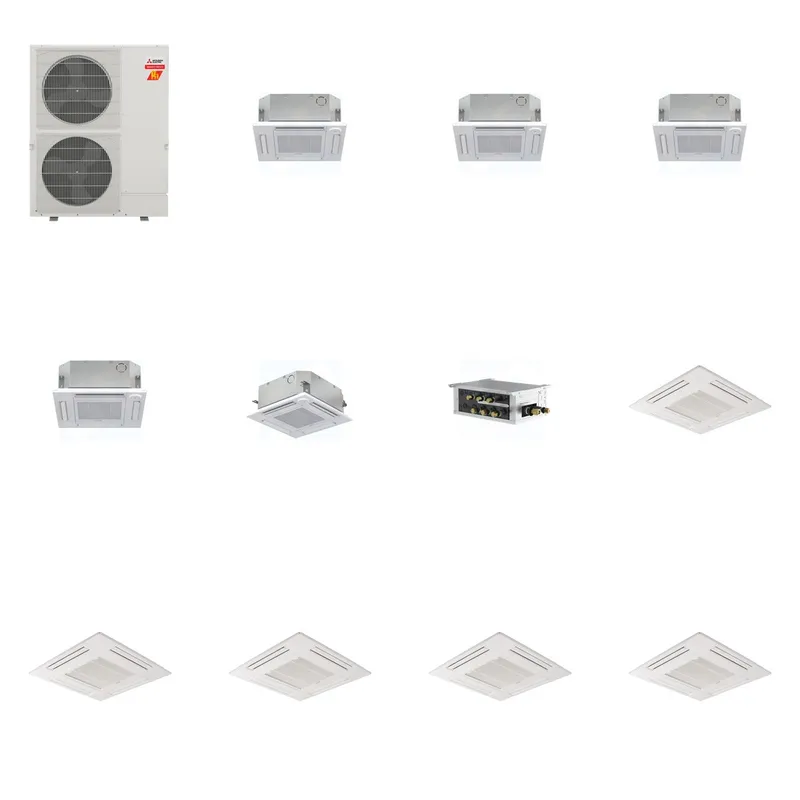 Mitsubishi Multi-Zone 60000 BTU R-454B 20 SEER2 5-Zone 2'x2' Ceiling Cassette Mini Split Heat Pump System - 12K+12K+12K+12K+15K