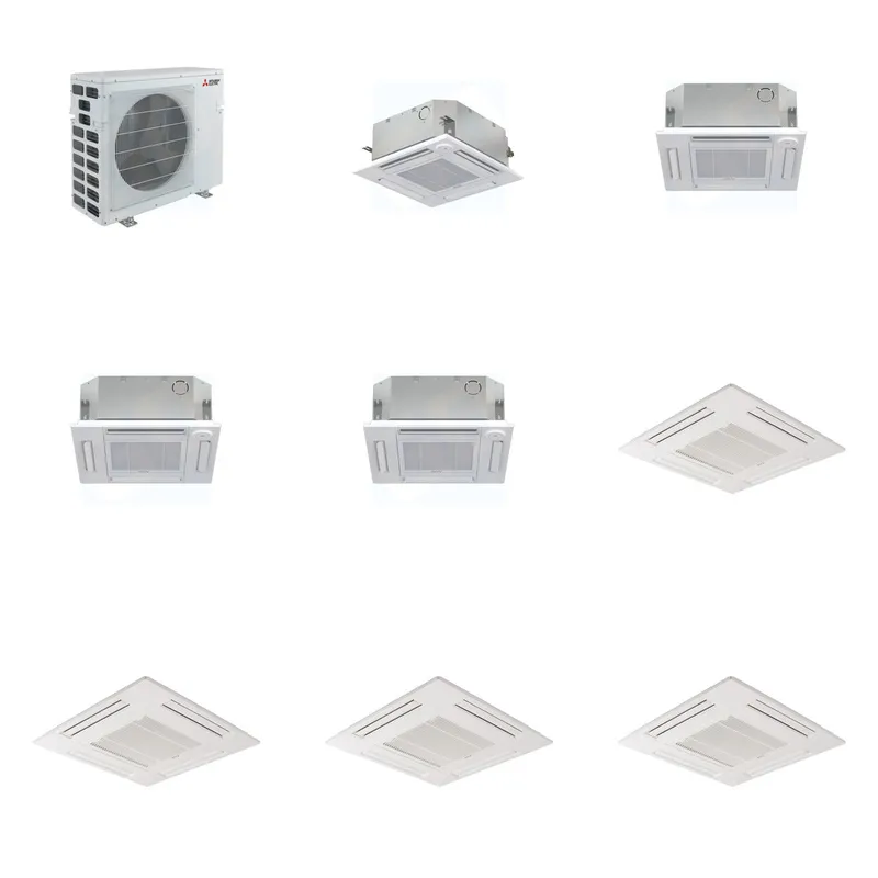 Mitsubishi Multi-Zone 40500 BTU R-454B 20 SEER2 4-Zone 2'x2' Ceiling Cassette Mini Split Heat Pump System - 9K+12K+12K+12K