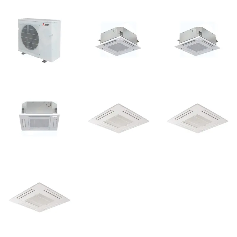Mitsubishi Multi-Zone 28600 BTU R-454B 20 SEER2 3-Zone 2'x2' Ceiling Cassette Mini Split Heat Pump System - 9K+9K+12K