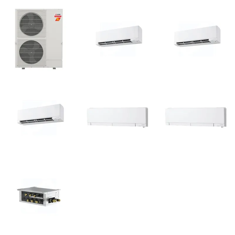 Mitsubishi Multi-Zone 60000 BTU R-454B 20 SEER2 5-Zone Wall-Mounted Hyper Heat Mini Split Heat Pump System - 9K+9K+9K+12K+12K
