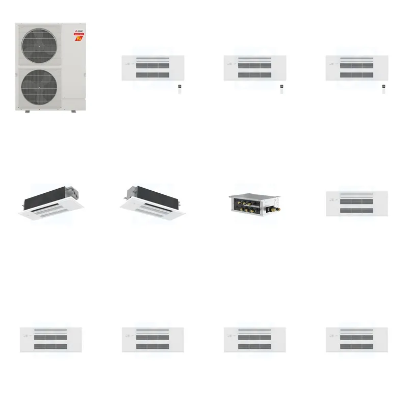 Mitsubishi Multi-Zone 60000 BTU R-454B 20 SEER2 5-Zone 1-Way Ceiling Cassette Mini Split Heat Pump System - 9K+9K+9K+12K+18K