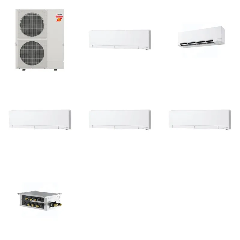 Mitsubishi Multi-Zone 60000 BTU R-454B 20 SEER2 5-Zone Wall-Mounted Hyper Heat Mini Split Heat Pump System - 6K+9K+12K+12K+12K