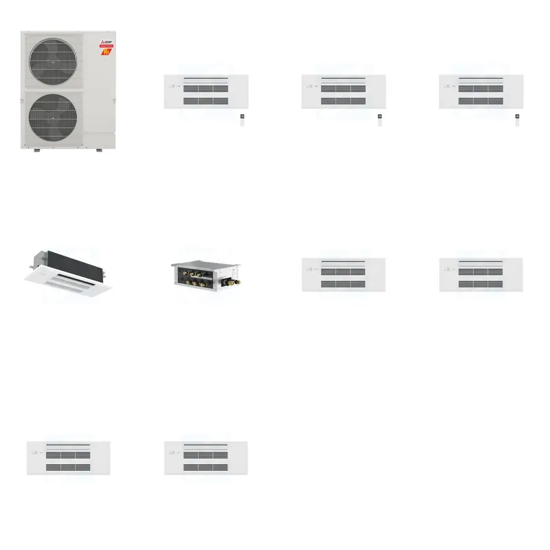 Mitsubishi Multi-Zone 60000 BTU R-454B 20 SEER2 4-Zone 1-Way Ceiling Cassette Mini Split Heat Pump System - 9K+9K+9K+18K