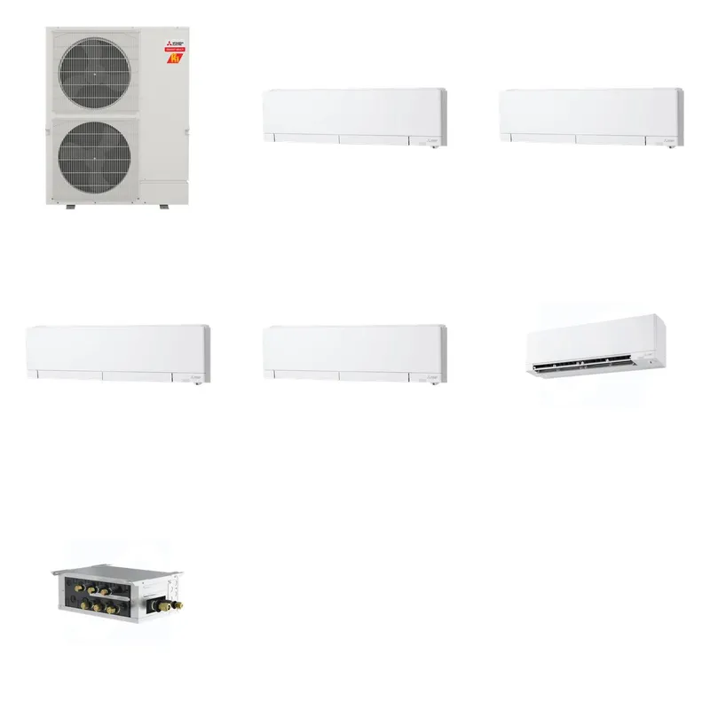 Mitsubishi Multi-Zone 60000 BTU R-454B 20 SEER2 5-Zone Wall-Mounted Hyper Heat Mini Split Heat Pump System - 6K+12K+12K+12K+15K
