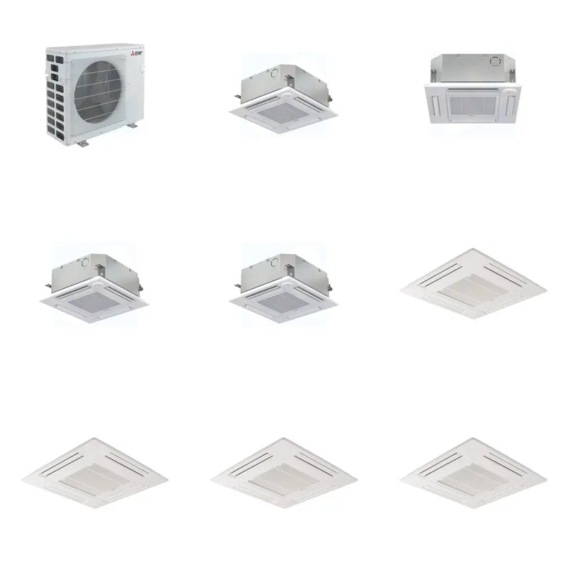 Mitsubishi Multi-Zone 40500 BTU R-454B 20 SEER2 4-Zone 2'x2' Ceiling Cassette Mini Split Heat Pump System - 9K+12K+15K+15K