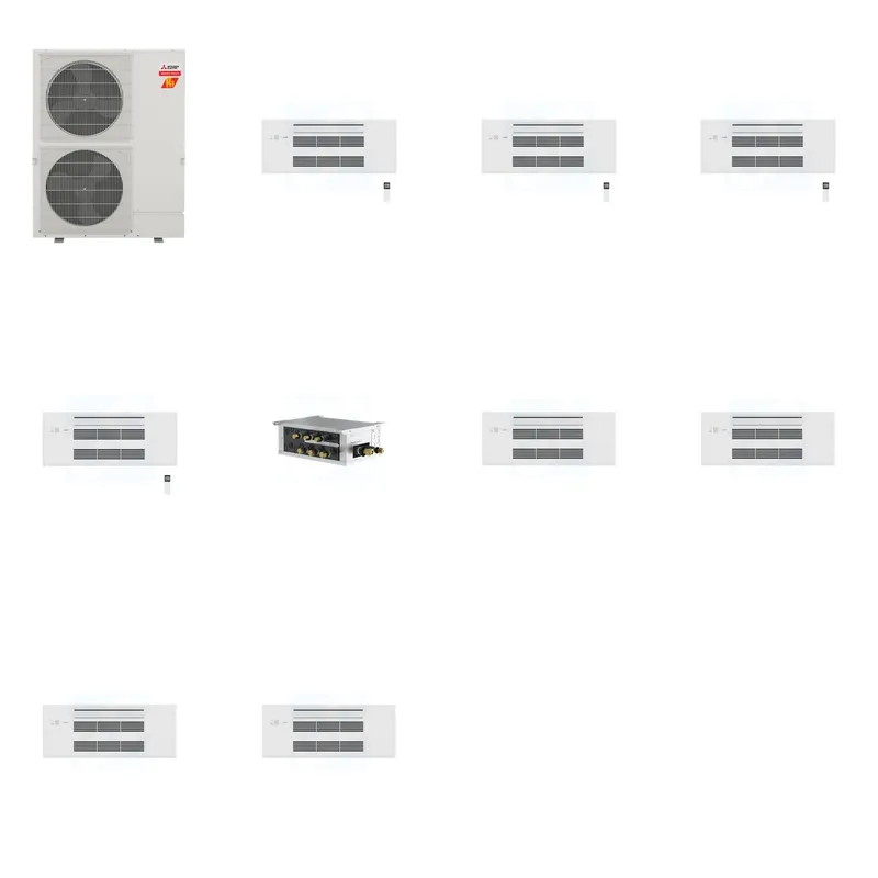 Mitsubishi Multi-Zone 60000 BTU R-454B 20 SEER2 4-Zone 1-Way Ceiling Cassette Mini Split Heat Pump System - 9K+9K+9K+9K