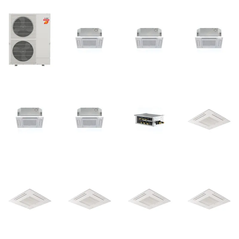 Mitsubishi Multi-Zone 60000 BTU R-454B 20 SEER2 5-Zone 2'x2' Ceiling Cassette Mini Split Heat Pump System - 12K+12K+12K+12K+12K