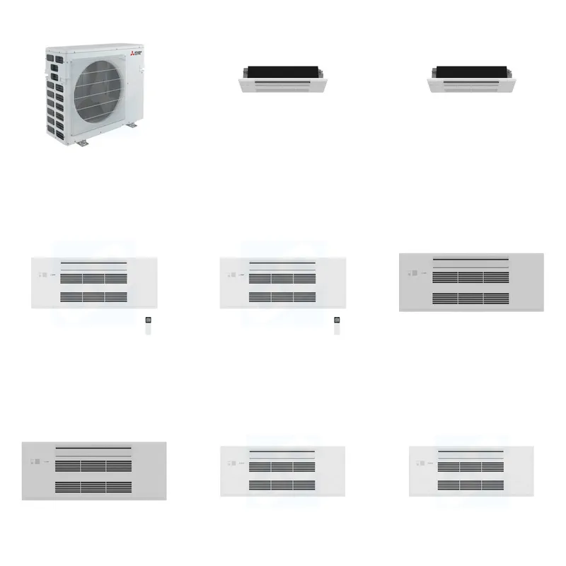 Mitsubishi Multi-Zone 40500 BTU R-454B 20 SEER2 4-Zone 1-Way Ceiling Cassette Mini Split Heat Pump System - 6K+6K+9K+9K