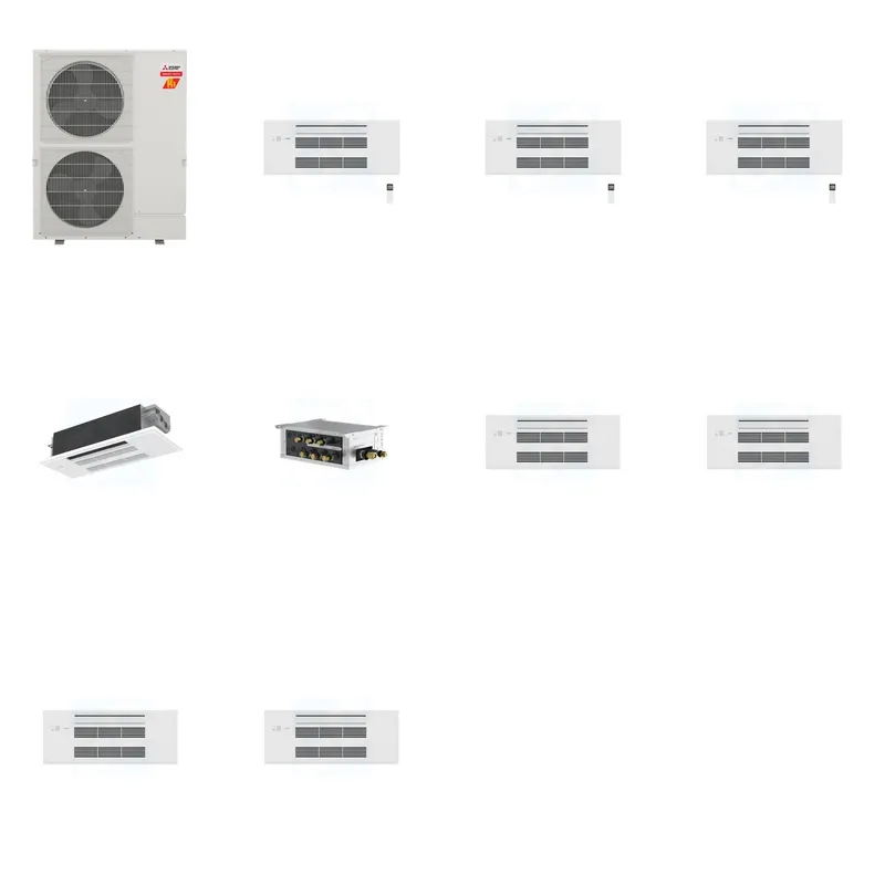 Mitsubishi Multi-Zone 60000 BTU R-454B 20 SEER2 4-Zone 1-Way Ceiling Cassette Mini Split Heat Pump System - 9K+9K+9K+12K