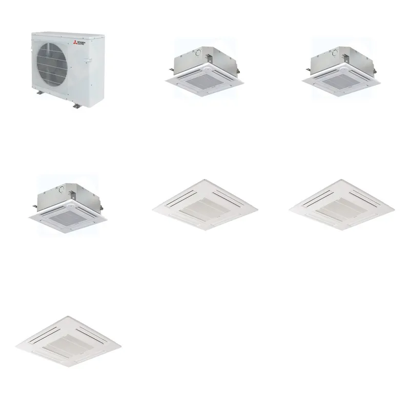 Mitsubishi Multi-Zone 28600 BTU R-454B 20 SEER2 3-Zone 2'x2' Ceiling Cassette Mini Split Heat Pump System - 9K+9K+15K