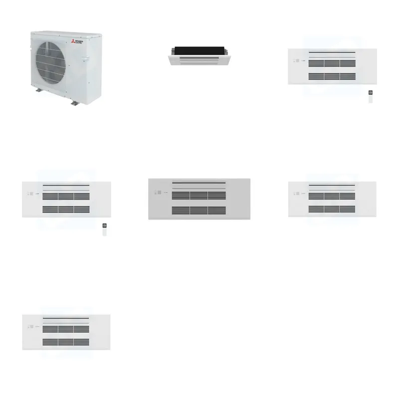 Mitsubishi Multi-Zone 36400 BTU R-454B 20 SEER2 3-Zone 1-Way Ceiling Cassette Mini Split Heat Pump System - 6K+9K+9K
