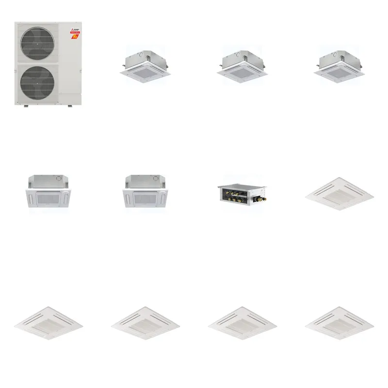 Mitsubishi Multi-Zone 60000 BTU R-454B 20 SEER2 5-Zone 2'x2' Ceiling Cassette Mini Split Heat Pump System - 9K+9K+9K+12K+12K