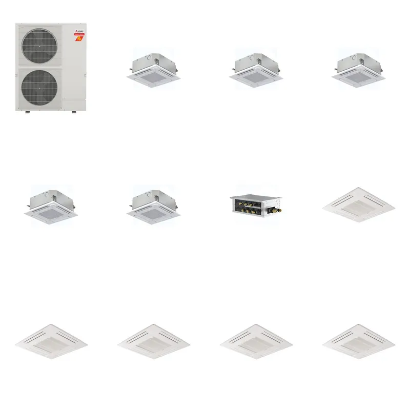Mitsubishi Multi-Zone 60000 BTU R-454B 20 SEER2 5-Zone 2'x2' Ceiling Cassette Mini Split Heat Pump System - 9K+9K+9K+9K+15K