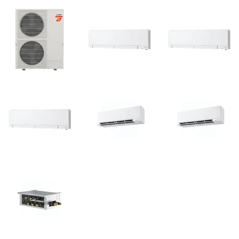 Mitsubishi Multi-Zone 60000 BTU R-454B 20 SEER2 5-Zone Wall-Mounted Hyper Heat Mini Split Heat Pump System - 12K+12K+12K+15K+15K