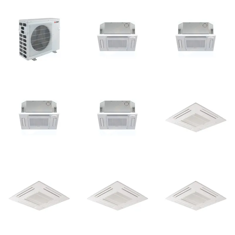 Mitsubishi Multi-Zone 40500 BTU R-454B 20 SEER2 4-Zone 2'x2' Ceiling Cassette Mini Split Heat Pump System - 12K+12K+12K+12K